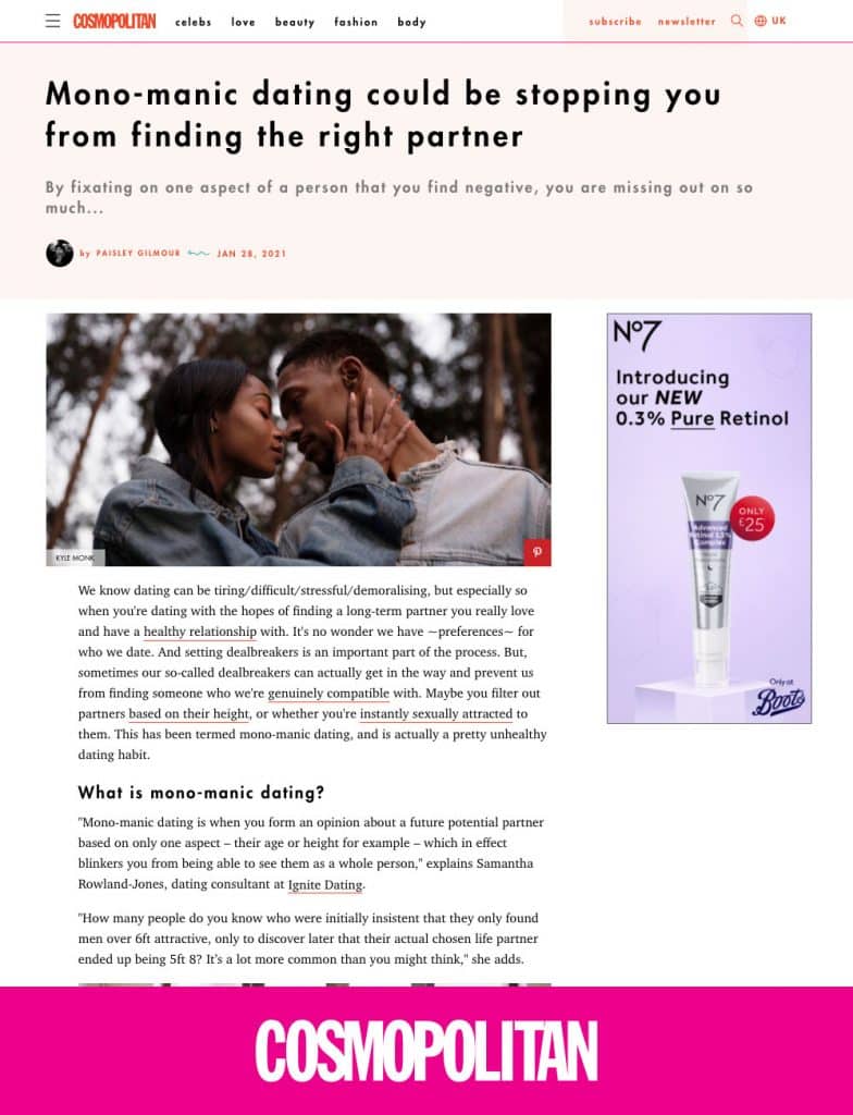 Cosmopolitan Magazine article on Mono Manic Dating Dating Agency Press