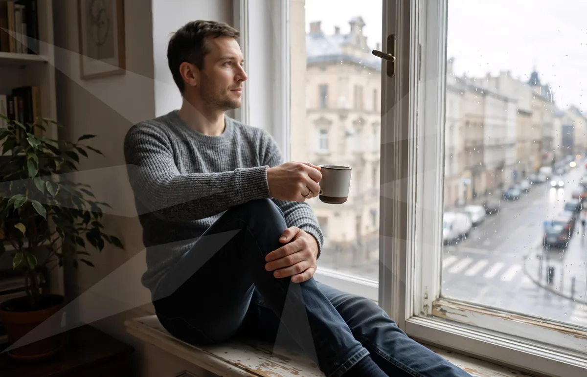 Man sitting in window box with a hot drink