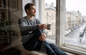 Man sitting in window box with a hot drink