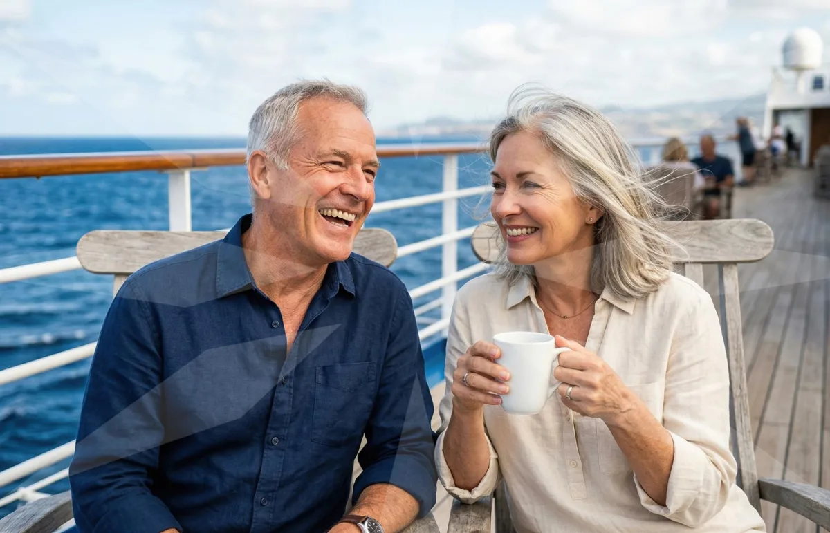 Cheerful older couple on a ship deck, laughing together; the woman holds a white mug.