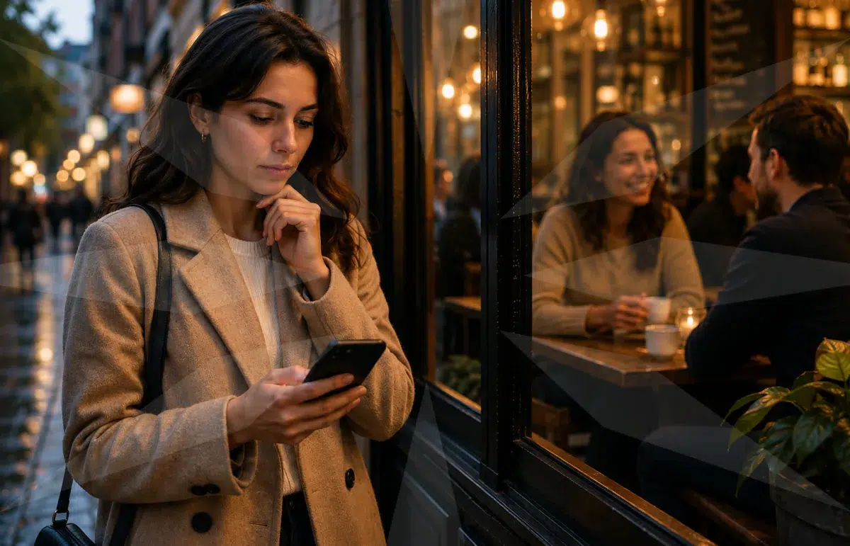 Woman in a camel coat checks her smartphone on a dimly lit city street next to a cafe window, with warm interior lights visible through the glass.