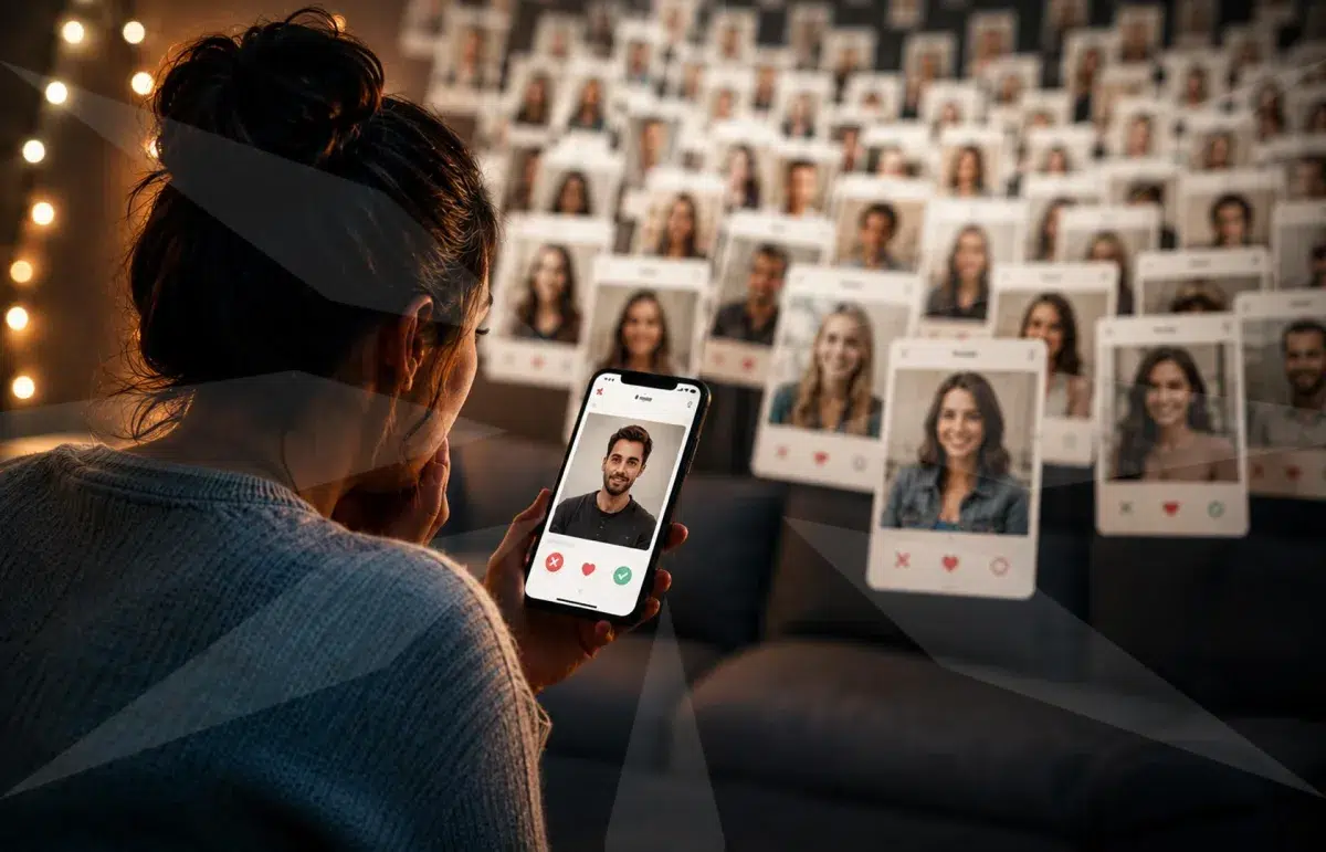 Person swiping on a dating app on their phone, with many profile cards lined up in the background.